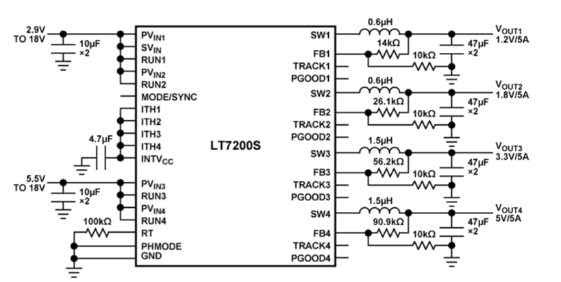 Application Circuit Diagram - Analog Devices Inc. LT7200S Quad Step-Down Regulators